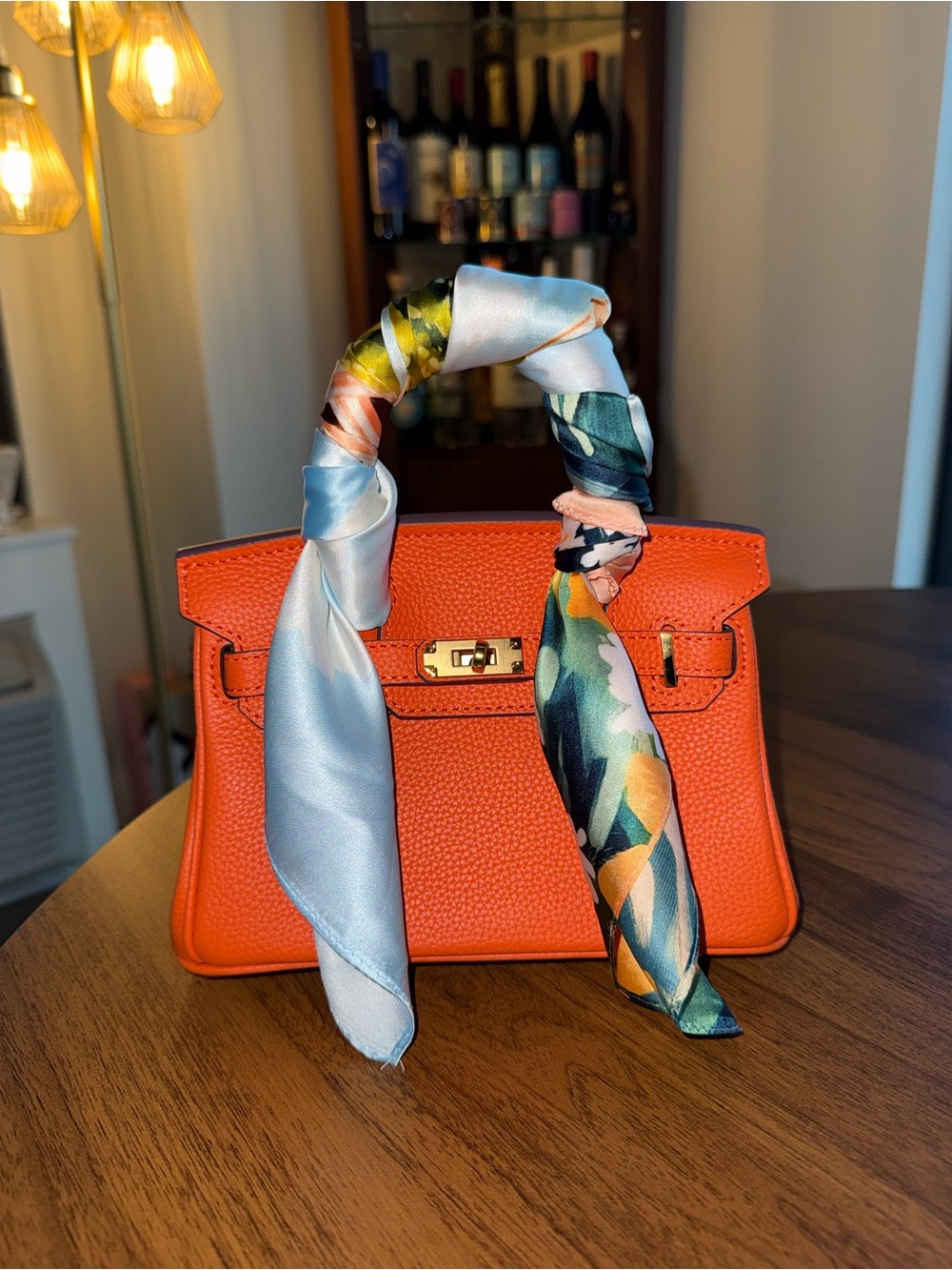 Handmade in Greece Genuine Leather Handbag – Orange Top Handle Crossbody w Scarf